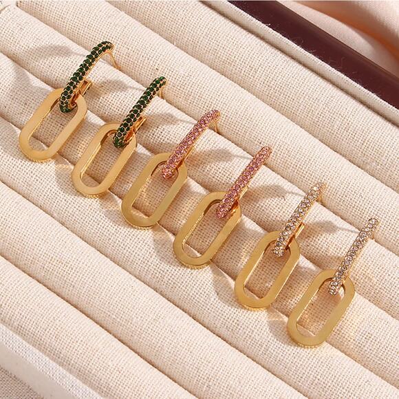 18K Gold Plated Zircon Chain‎ Drop Earrings Stainless Steel - Picture 4 of 6